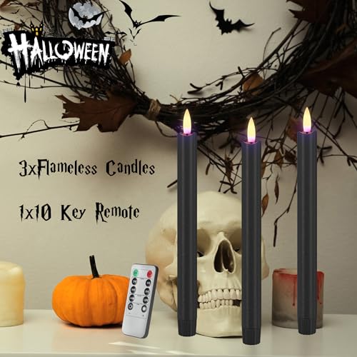 Image of Black Flameless Taper Candles with Remote, 9.6 inch Halloween Battery Operated Candles 3D Wick, 3 Pack Real Wax Led Candlesticks Flickering Electric Candle for Halloween, Home, Party Decor
