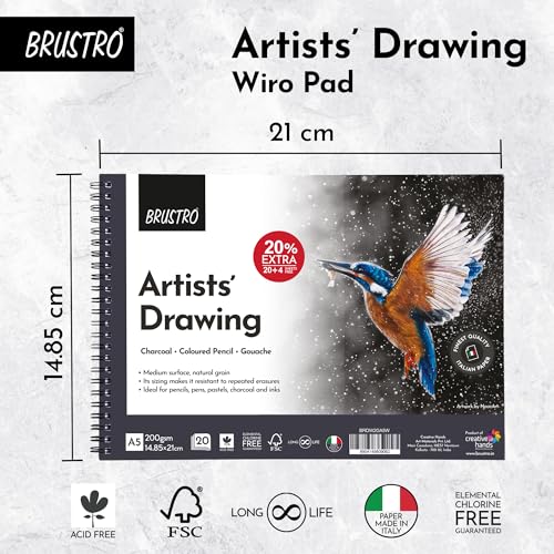 Image of BRUSTRO Black White Charcoal Set of 13 Pcs in a Metal Box With Artist's Drawing Wiro Pad, 200 GSM, A5, 24 Sheets | Ideal For Sketching, Shading, Portrait,Landscape,Fine Art and Professionals