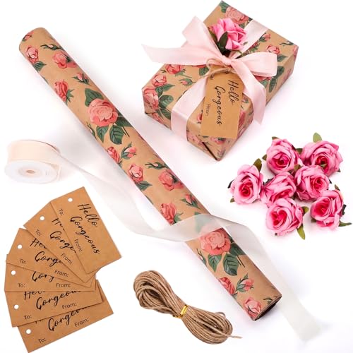 ForraFun 10 Sets Pink Gift Wrap Supplies 17 in x 16.4 ft Floral Wrapping Paper Roll with Flowers Tags Ribbons Gift Wrap Kit for Women Wedding Bridal Shower Birthday Gifts(Pink Roses)