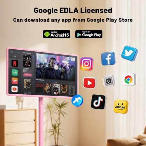 Image of VLH 32″ FHD Smart Portable Tv on Wheels, Touch Screen Rolling Tv Tablet with Camera, Google EDLA-Certified, Built-in 38400mAh Battery, Mobile Wireless TV with Rolling Stand and Remote for Smart Home