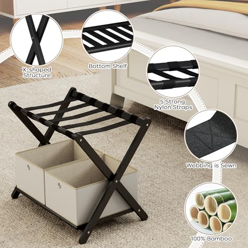 2 Pack Fully Assembled Black Luggage Racks with 4 Storage Boxes, Bamboo 26.77" Foldable Suitcase Stand for Guest Room with 5 Nylon Straps, Luggage Rack Holder with Shelf for Bedroom Hotel