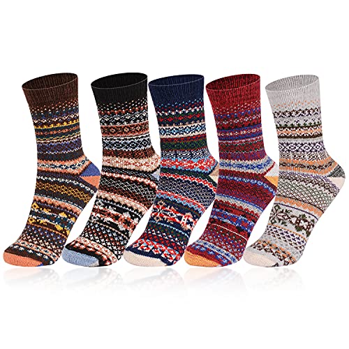 seasky Winter Socks for Women, Vintage Warm Socks Thick Cozy Socks Knit Casual Crew Socks Cabin Socks Free Size for Ladies 5 Pack