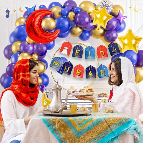 Image of Rozi Decoration Eid Mubarak Party Decoration Items with Purple, Blue & Golden Balloons Combo Kit - Set of 60 Pcs Ramadan Decorations Items for Home | Eid Balloon Decorations