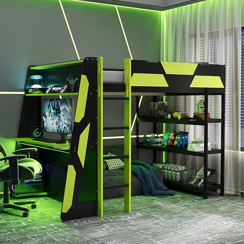 Virubi Full Size Gaming Loft Bed with Desk and Storage Shelves LED Lights & USB Charging Stations Solid Wood Loft Bed with Storage Shelves Bookcase for Teens Adults Bedroom Dormitory (Full Green)