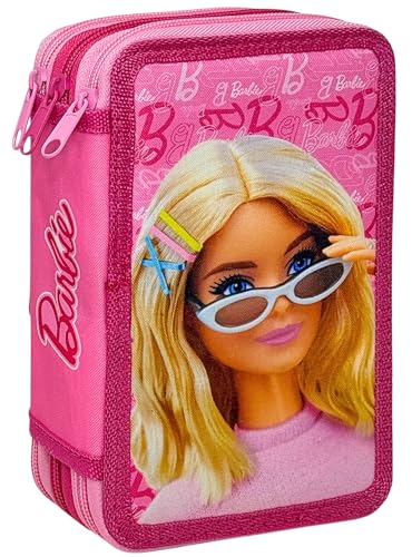 Clondo Astuccio 3 Scomparti Completo, Per Barbie Fan, 44 Pezzi Inclusi, Penne, Matite, Pennarelli, Pastelli, Forbici – Scuola Elementare e Regalo – Gadget Ufficiale Per Bambina