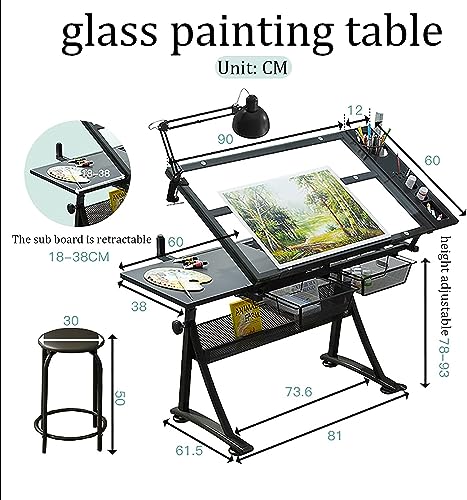 Drawing Table, Height/Angle Adjustable Drawing Desk Craft Station Drafting Table with One Side Table, Stool and Two Drawers