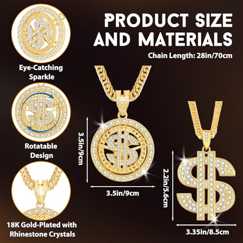 2PCS Money Chain Fake Gold Necklace: Big Money Dollar Sign Gold Chains Halloween Costume - Men Rapper Digger Hip Hop 70s 80s 90s Costume Accessories3