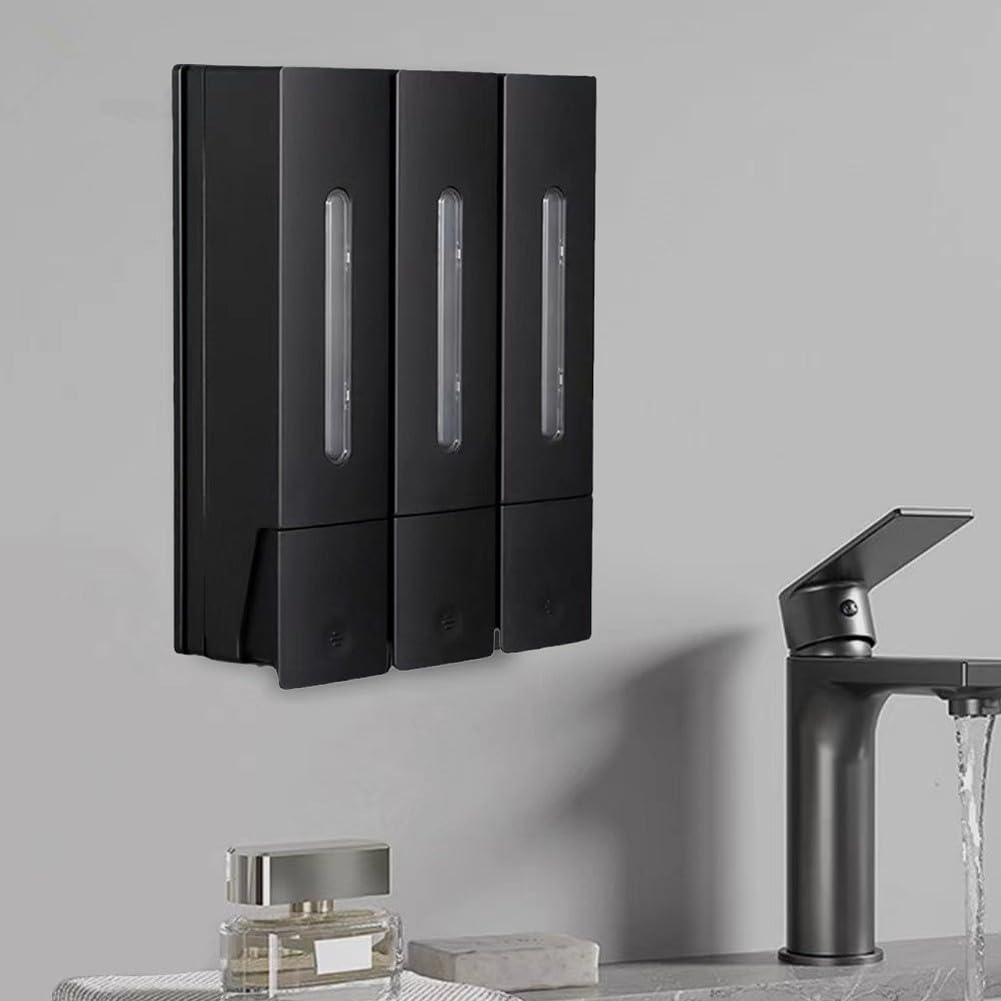 Dispenser di sapone a pressione con tre scomparti, capacità 400 ml, montaggio a parete per bagno, doccia, lavaggio dei capelli, con spazio separato per liquidi (grigio)