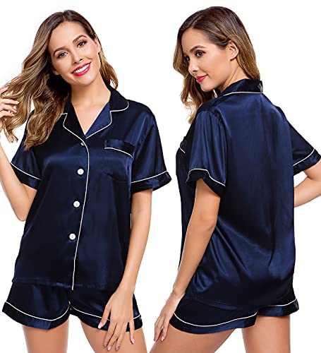 Image of LecGee Womens Silk Satin Pajamas Short Sleeve Loungewear Two-Piece Sleepwear Button-Down Pj Set