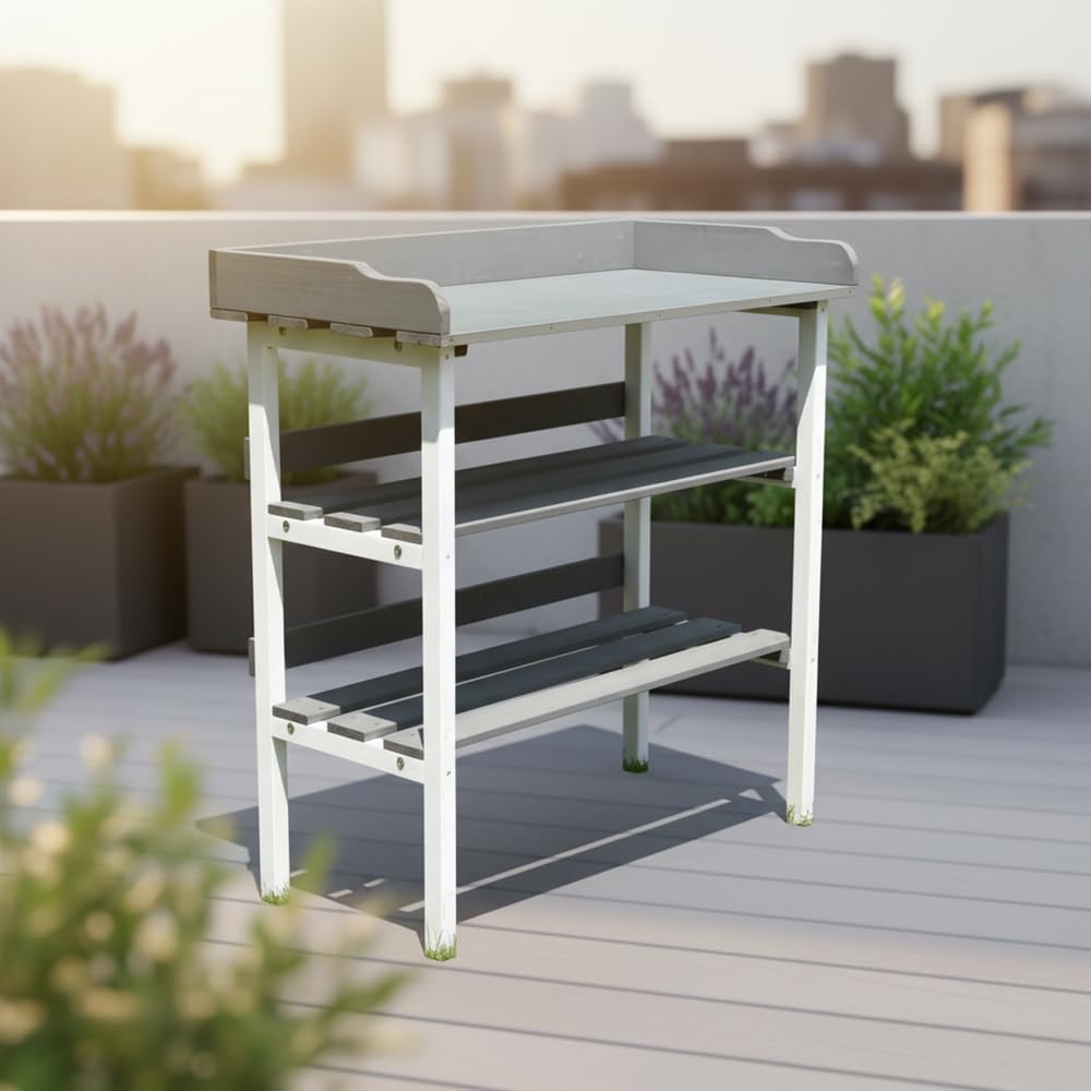 Melko Pflanztisch aus Holz mit verzinkter Arbeitsplatte, Gartenarbeitstisch mit 2 Ablagen & 3 Haken, Pflanzregal/Beistelltisch für Balkon, Terrasse & Gewächshaus, 84 × 78 × 38 cm