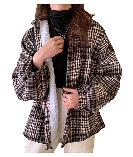 LifeShe Women's Warm Sherpa Lined Fleece Button Down Oversized Plaid Flannel Shirt Jacket Khaki