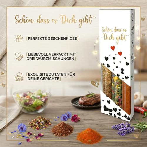 3er Set Gewürze „Schön, dass es dich gibt“ Muttertags Geschenk, Geschenkidee für Freundin, kleine Überraschung – Feinkost Gewürzset mit Blütenmischung als Mitbringsel zum Geburtstag