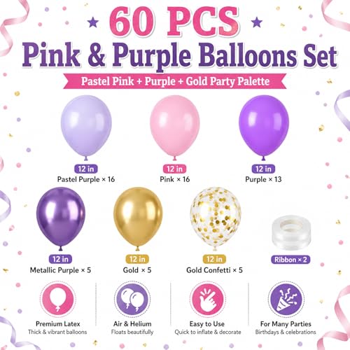 Image of Pink and Purple Balloons, 60PCS Pastel Purple and Pink Balloons, 12 Inch Metallic Gold Confetti Latex Balloon for Women Girls Baby Shower Bridal Shower Birthday Butterfly Party Decor