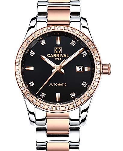 Image of Women's Diamond Automatic Mechanical Rose Gold Stainless Steel Sapphire Waterproof Lady's Elegant Blue Watch