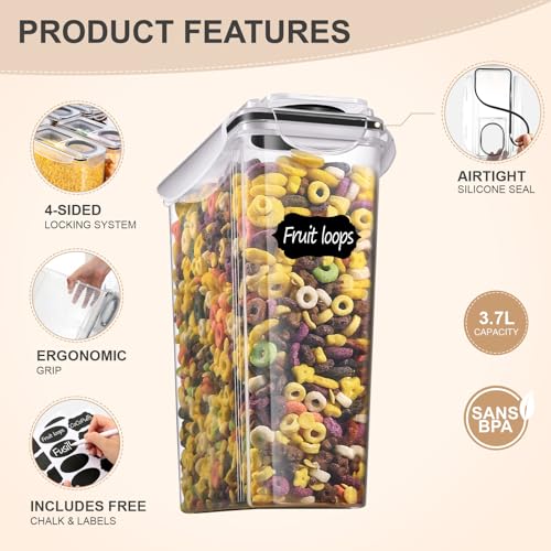 YASHE Cereal Storage Containers, 4Pcs Plastic Food Storage Containers with Lids Airtight, Durable Food Grade BPA-Free Cereal Containers with 16 Labels & 1 Marker - Image 4