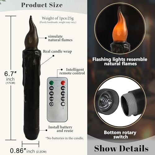 Image of Black Flameless Short Taper Candles, Real Wax Hand Dipped LED Battery Operated with Remote, Flickering Flame Lights for Festival Party Home Decor, 6.7 Inch Primitive Flameless Candles, 4PCS