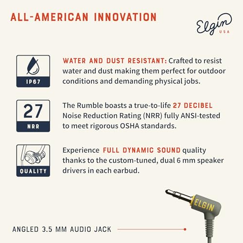 Image of Elgin Rumble Wired Earplug Headphones with mic, in-Ear Earbuds | 3.5mm Jack, 27 dB NRR, IP67 Waterproof, OSHA Compliant, Noise Isolating, Hearing Protection, Work Safety