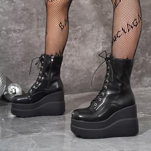 Gothic Combat Ankle Boots for Womem Lace Up Round Toe Platform Chunky Wedge Booties Side Zipper Punk Motorcycle Boots 5