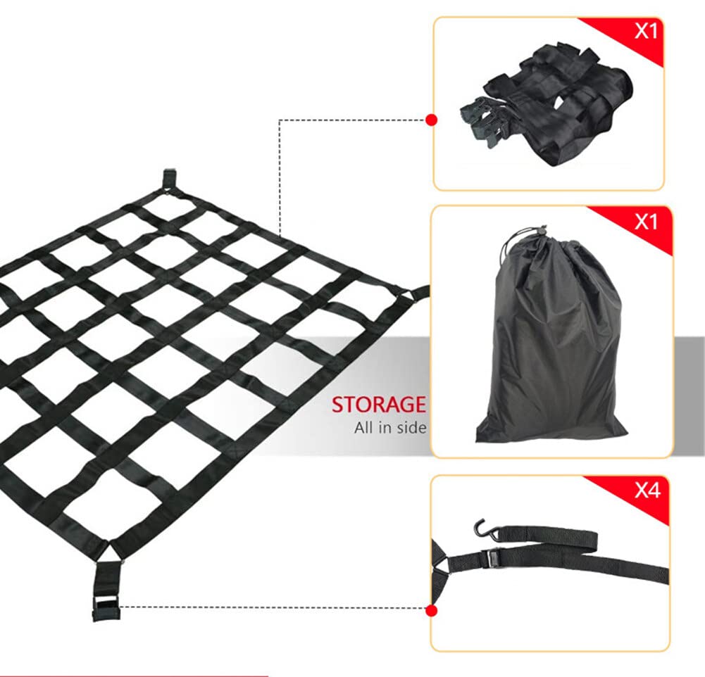 Gepäcknetz Auto Kofferraum Netz mit Nockenschnallen und S-Haken, Kofferraumnetz Heavy Duty Cargo Netz Pick Up Gepäcknetz Autodecke Dach Universal Netztasche für Trucks LKW SUV,127cmx106cm