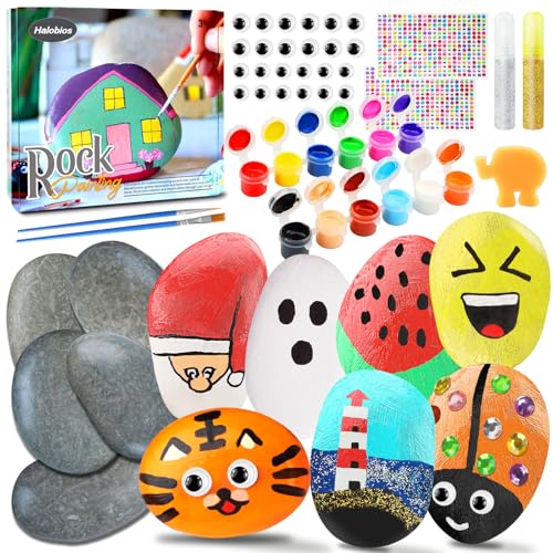 Halobios Steine Bemalen Set für Kinder, Buntes Malzubehör-Set, Kreativ Steinmalerei Set, für Kinder-Malgeschenke, Geburtstagsgeschenk ideale Geschenke für Kinders im Alter von 6+ bis 8–12 Jahren