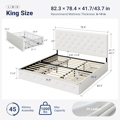 Image of Allewie King Size Platform Bed Frame with 4 Storage Drawers and Headboard /Upholstered Diamond Stitched Button Tufted /Wooden Slats Support /Mattress Foundation /No Box Spring Needed /White