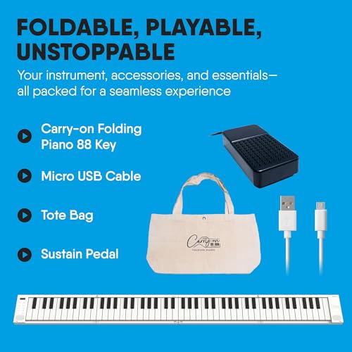 Carry-on 88 Key Folding Piano - Ultra-Portable and Full-Sized with 128 Voices and USB MIDI Connectivity - Travel Piano Keyboard Perfect for Practice, Travel, and Performances - White