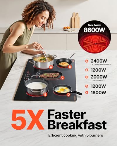 Image of VEVOR Electric Cooktop, 36 inch 5 Burners Built-in Electric Stove Top, 8600W Ceramic Top Radiant Cooktop with Glass Panel, Touch Control, Timer, Child Lock, 9 Heat Level, 220-240V, Hard Wire (No Plug)