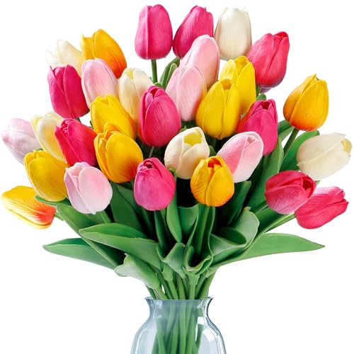 Image of Sggvecsy 30 Pcs Fake Tulips Artificial Flowers Real Touch PU Faux Flowers Tulip Stems for Wedding Spring Bouquet Floral Arrangement Home Office Party Decorations for Mother's Day (Multi Colors)