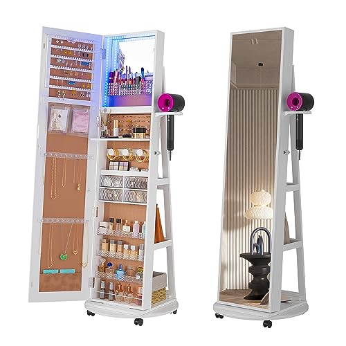 Image of HNEBC 360 Swivel Jewelry Armoire with Mirror, LED Mirror Jewelry Cabinet Standing, Full Length Mirror with Jewelry Storage, Standing Jewelry Organizer /Lockable Wheels /Foldable Makeup Shelf (C-White)