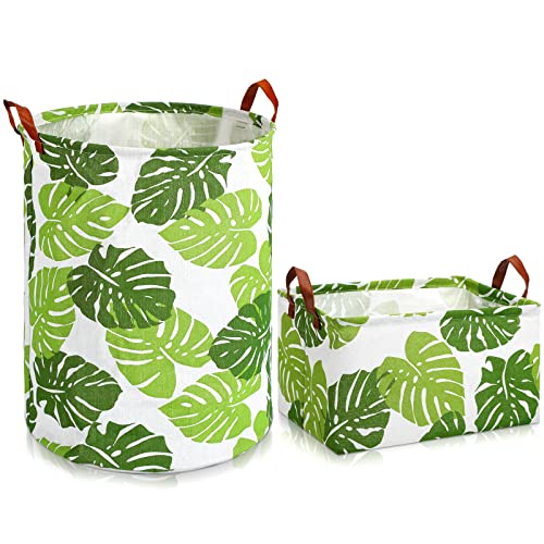 Image of 2 Pieces Round Leaf Laundry Hampers Rectangular Leaf Storage Baskets Fabric Foldable Laundry Baskets with Handles for Organizing Dirty Clothes Home Kitchen Bedroom Living Room