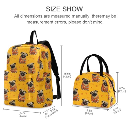 Tropical Pug Print Backpack Set with Lunch Bag, Large Capacity Travel Backpacks and Lunch Box Insulated for Commute Hiking Picnic2