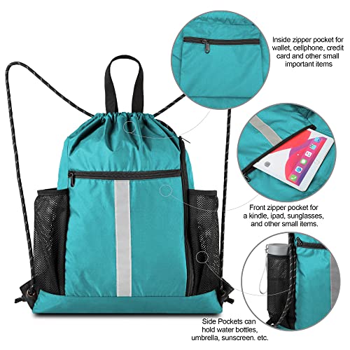 Image of BeeGreen Teal String Backpack Bag Cinch Sack with Shoe Compartment and Two Zipper Pockets and Two Side Mesh Pockets Lightweight Large Drawstring Gym Sackpack for Men and Women