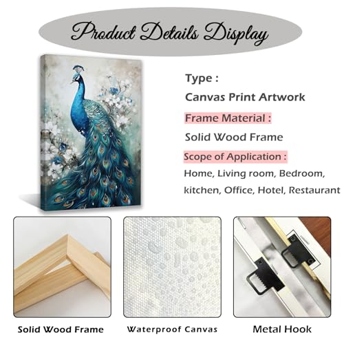 Qixiang Peacock Pictures Wall Decor Elegant Peacock Canvas Paintings Art Animal Paintings Prints Bedroom Decor Framed Ready To Hang(Peacock C,16.00 Inch X 24.00") thumb #5
