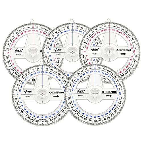 360 Degree Protractor with Swing Arm, 5 Stück, Winkelmesser, Kunststoff-Winkelmesser, mathematische Winkelmesser, transparentes Winkelmesser-Lineal, Zeichenwerkzeuge, Kreis-Winkelmesser für Geometrie