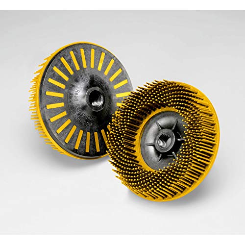 Image of 3M Scotch-Brite Bristle Disc, 4-1 /2 in x 5 /8-11 Internal, Grit 80, Pack of 5, Type S, Threaded Attachment, Aluminum, Carbon Steel, Stainless Steel, Cast Iron, Yellow