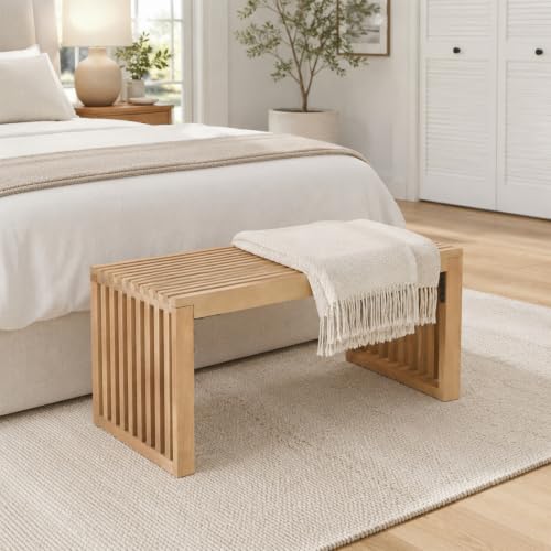 Image of SwallowLiving Solid Wood Entryway Bench 30 inch Farmhouse Dining Room Slatted