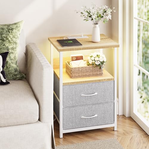 Image of Fixwal Night Stand with Charging Station, LED Nightstand with U-S-B Ports and Outlets, 2 Fabric Storage Drawers with PU Finish, Small Bedside Table, Natural Oak & Light Grey