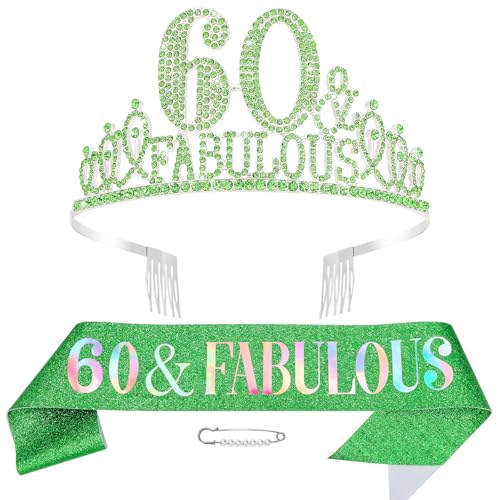 Hapdoo 60th Birthday Decorations for Woman 60th Birthday Sash and Crown for Women Set 60 & Fabulous Party Supplies Gifts Green
