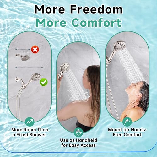 Image of BRIGHT SHOWERS High Pressure Shower Head with Handheld, 9 Spray Settings Showerhead Built in Power Wash to Clean Tub and Pets, Extra Long 69 inch Hose, Adjustable Bracket, Brushed Nickel