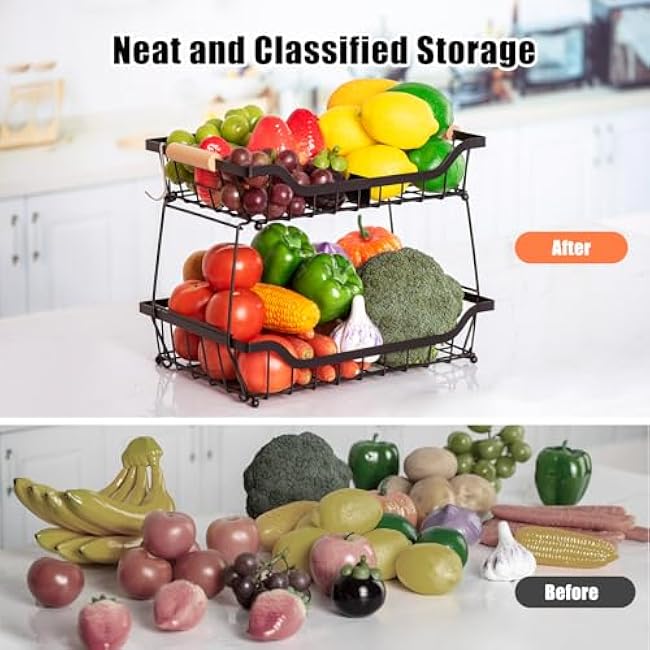 2 Tier Fruit Vegetable Basket for Kitchen, Storage Cart, Vegetable Basket Bins, Countertop Metal Wire Organizer with 2 Detachable Banana Hangers & Bowl-wHXdjfHq