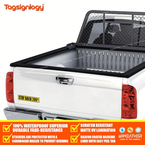 Image of (2 pcs) [9.00 x 2.00 inch] Stay Back 100ft / 200ft feet Driver Caution Safety Sign Tailgate Label Waterproof UV Weatherproof Vinyl Decal Bumper Trunk Lorry Van Rear Sticker (200 ft)