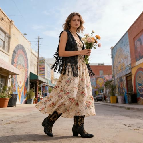 IMUU Cowboy Boots For Women Cowgirl Mid Calf Western Embroidered Boot MidChunky Block Heel Fashion Boots Size8.5
