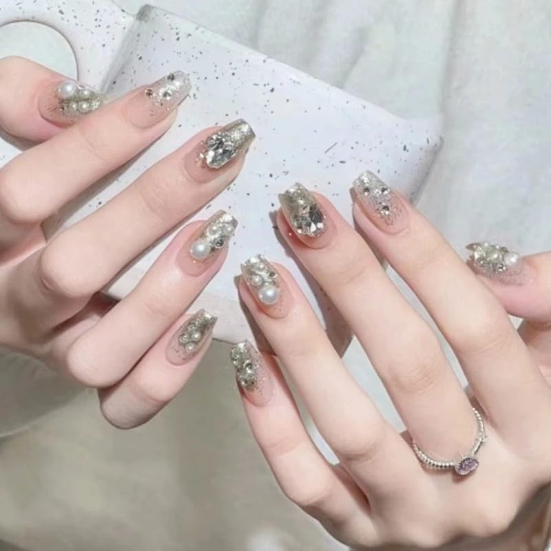 Glitter Pearl Rhinestone Long Coffin Nails | Artificial Nail Extension | Long Lasting Glossy Finish | 24 Pcs Set Trendy Nail Art Set For Salon Look At Home-image-15