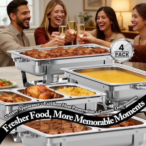 Image of Amhier Chafing Dishes for Buffet, 9Qt, 4 Pack, Silver | Multi-Size Food Pans, Foldable Frame, Sturdy and Durable, Roll-Edge Design, Stainless Steel, For Parties, Weddings, Festival