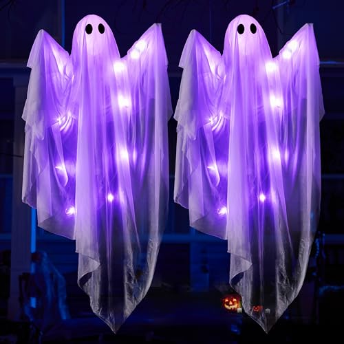 JOYIN 2 Pcs 47 Halloween Hanging Light up Ghost Decorations Outdoor Halloween White Hanging Ghosts with Purple LED Lights for Haunted House Prop Party Supplies Front Yard Patio Garden Decor