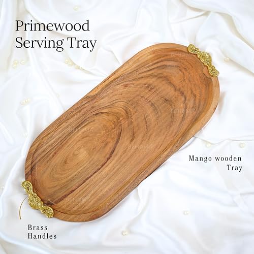 Image of BEHOMA Mango Wood Oval Serving Platter, Brass Motif, 32cm | Mango wood oval platter with brass motif, 32cm; festive serveware for Durga Puja & Navratri decor.
