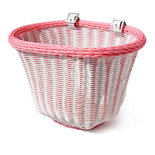 Colorbasket 01334 Adult Front Handlebar Bike Basket, All Weather, Water Resistant, Adjustable Leather Straps, White With Pink Trim #TOP1