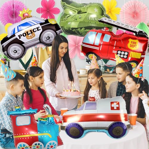 Image of Rozi Decoration Vehicle Theme Foil Balloon Set for Birthday Decoration, Kids Party, Theme Party Decor, Police Car, Fire Truck, Ambulance, Train and Army Tank Foil Balloons (Pack of 5)