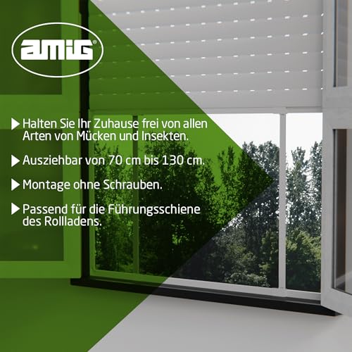 Amig - Ausziehbares Moskitonetz für Fenster | Werkzeugfreie Montage | Passt in den Rollladenschlitz | 70 x 50 cm | Verstellbar bis zu 130 cm | Weißes Aluminium und graues Glasfasernetz