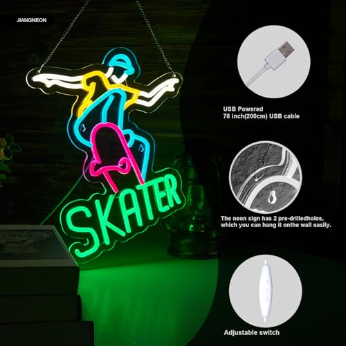 Image of Skater Neon Sign Skateboard Neon Sign for wall decor Gifts for Birthday Kids Room Art Decor(15.8x12.6 Inch)